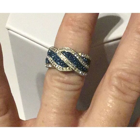 Lovely Pave Sim Blue & White Diamond Gemstone Wave Design Ring Sz 7~.925 SS - Picture 4 of 4